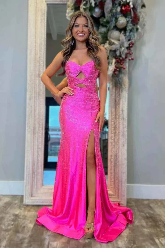 Elegant Mermaid Strapless Sequin-Cutout-Bodice Crisscross-Lace-Up-Back High-Slit Train Maxi Evening Dress
