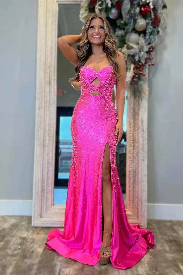 Elegant Mermaid Strapless Sequin-Cutout-Bodice Crisscross-Lace-Up-Back High-Slit Train Maxi Evening Dress