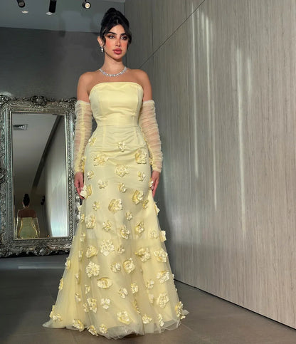 Elegant Mermaid Strapless Sleeveless Backless 3D-Flower Tulle Evening Dress With Detachable Sleeves