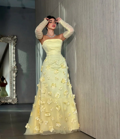 Elegant Mermaid Strapless Sleeveless Backless 3D-Flower Tulle Evening Dress With Detachable Sleeves