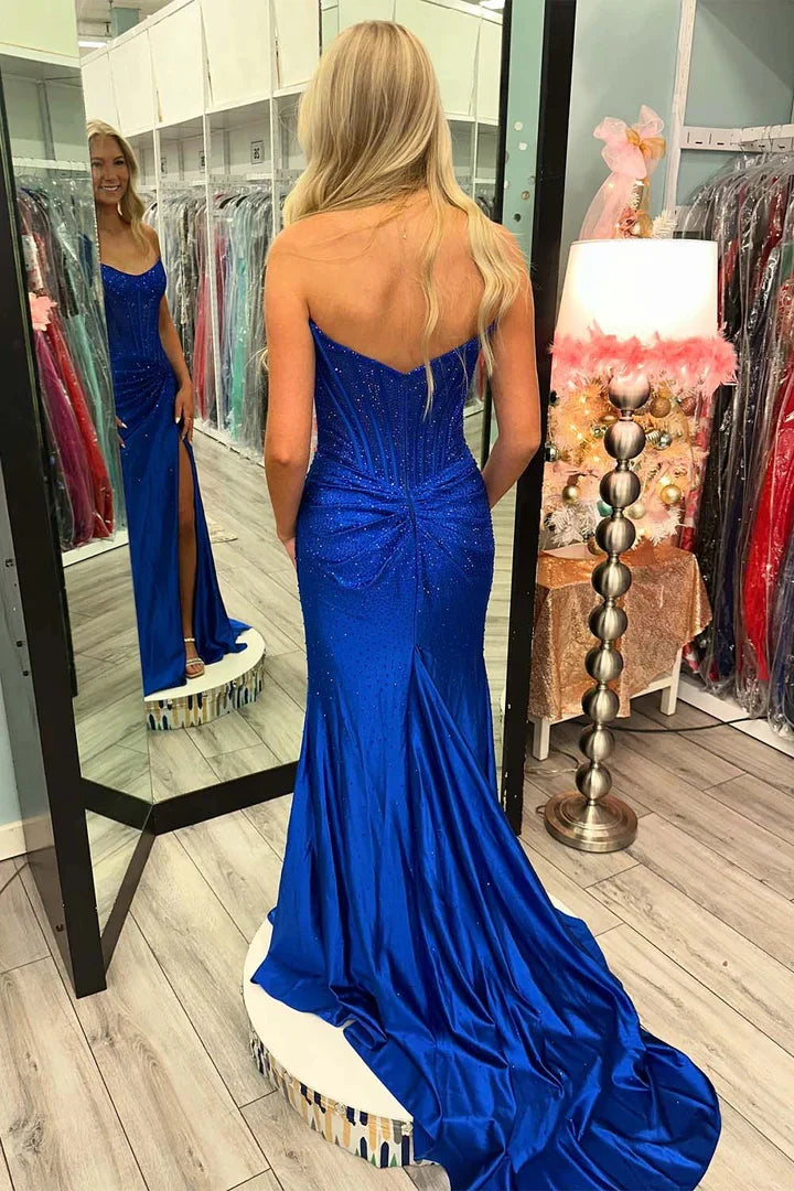 Elegant Mermaid Strapless Sleeveless Crisscross-Lace-Up-Back Train Maxi Evening Dress