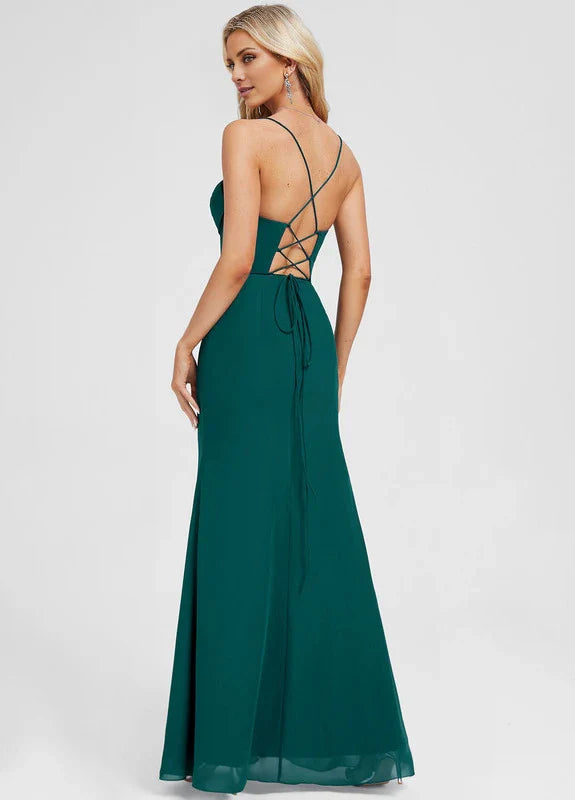 Elegant Mermaid Sweetheart Neck Spaghetti Strap Crisscross Back High-Slit Chiffon Maxi Evening Dress