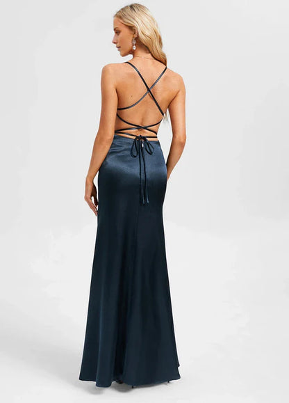 Elegant Mermaid Sweetheart Neck Spaghetti Strap Crisscross Back High-Slit Satin Maxi Evening Dress