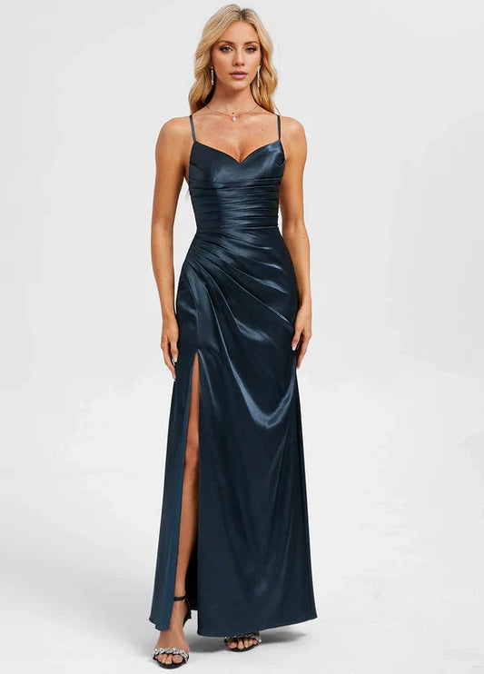 Elegant Mermaid Sweetheart Neck Spaghetti Strap Crisscross Back High-Slit Satin Maxi Evening Dress