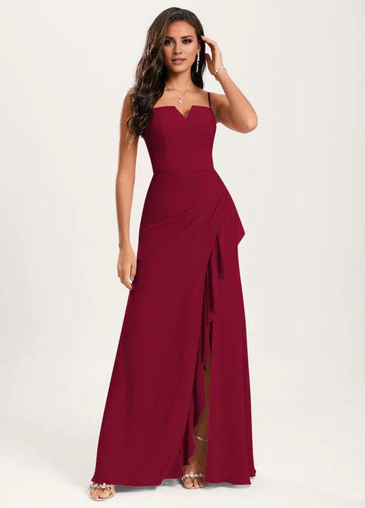 Elegant Mermaid Sweetheart Neck Spaghetti Strap Ruffle High-Slit Chiffon Maxi Evening Dress
