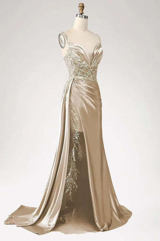 Elegant Mermaid Sweetheart Neckline Beaded Strap High-Slit Maxi Evening Dress