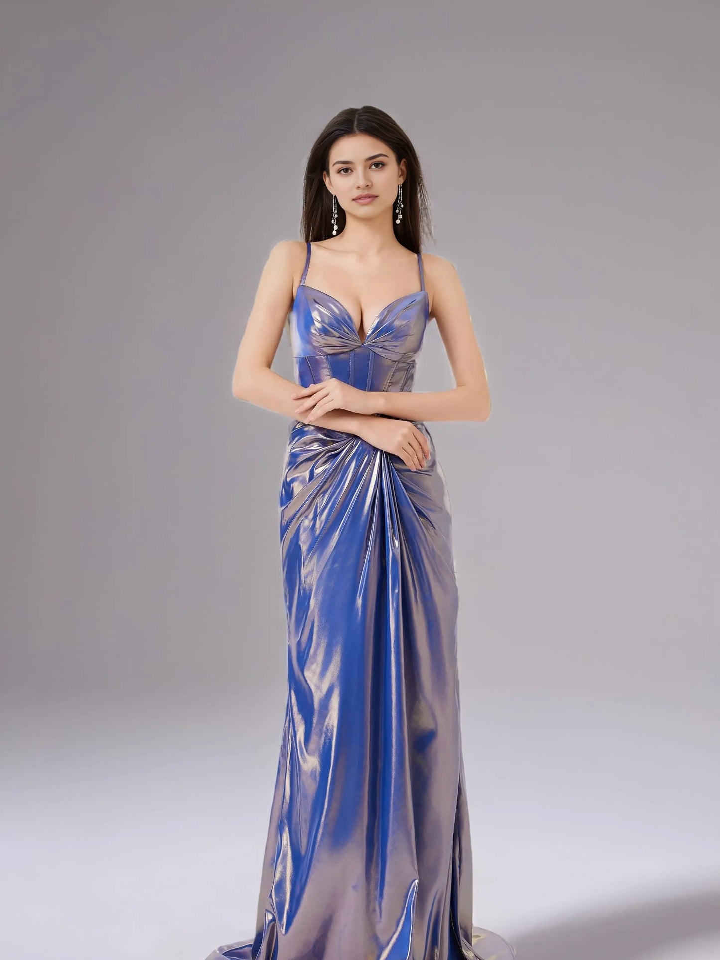 Elegant Mermaid Sweetheart Neckline Spaghetti Strap Metallic Ruched Maxi Evening Dress