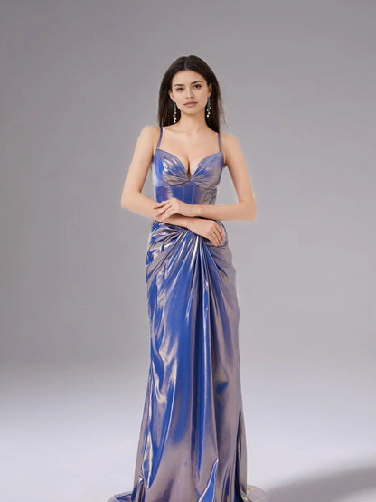 Elegant Mermaid Sweetheart Neckline Spaghetti Strap Metallic Ruched Maxi Evening Dress