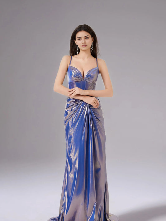 Elegant Mermaid Sweetheart Neckline Spaghetti Strap Metallic Ruched Maxi Evening Dress
