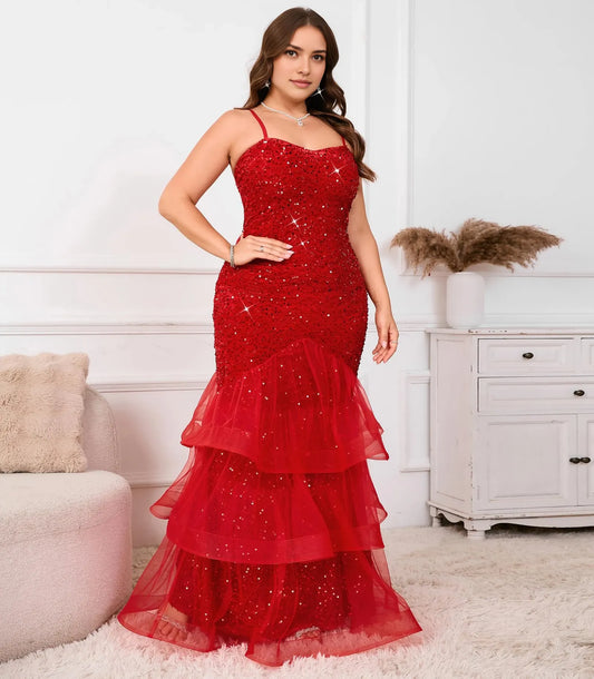 Elegant Mermaid Sweetheart Neckline Spaghetti Strap Sequin Ruffle Maxi Evening Dress