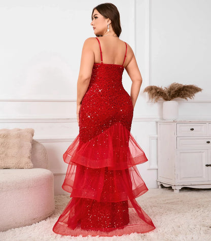 Elegant Mermaid Sweetheart Neckline Spaghetti Strap Sequin Ruffle Maxi Evening Dress