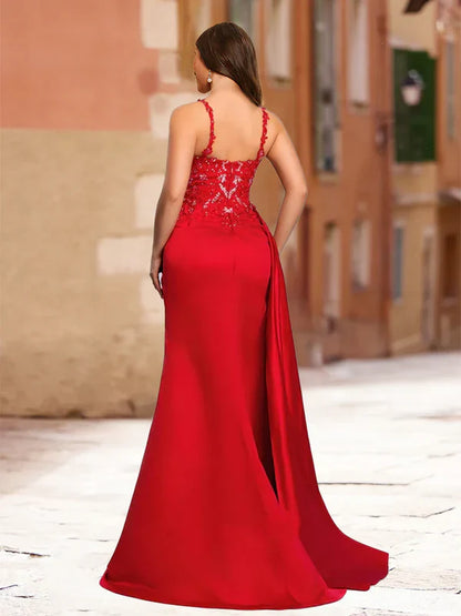 Elegant Mermaid Sweetheart Spaghetti-Strap-Lace-Back Red Satin Floor-Length Prom Dresses