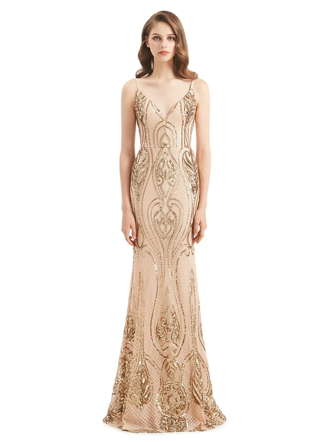 Side view of the glamorous sequined V-neck evening gown.