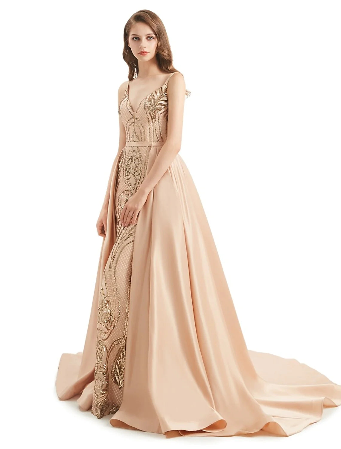 Full length view of the sequined V-neck gown, perfect for formal events.