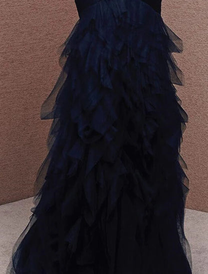 Sophisticated strapless evening dress with intricate ruched detailing.