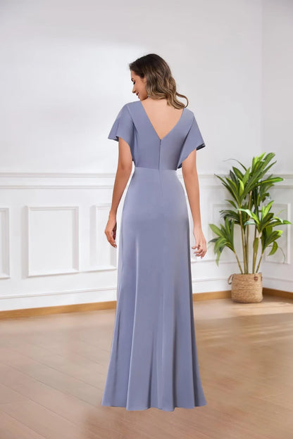 Elegant Mermaid V - Neck Batwing Short Sleeve V - Back Floor - Length Evening Dress