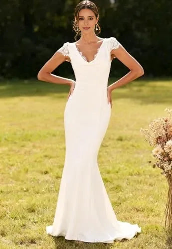 Elegant Mermaid V-Neck Lace-Cap-Sleeve Lace-Back Maxi Wedding Dress