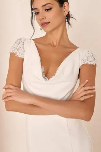 Elegant Mermaid V-Neck Lace-Cap-Sleeve Lace-Back Maxi Wedding Dress