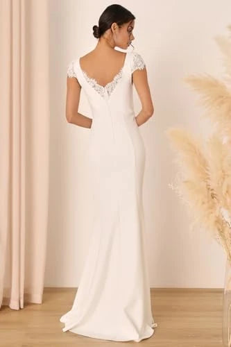 Elegant Mermaid V-Neck Lace-Cap-Sleeve Lace-Back Maxi Wedding Dress