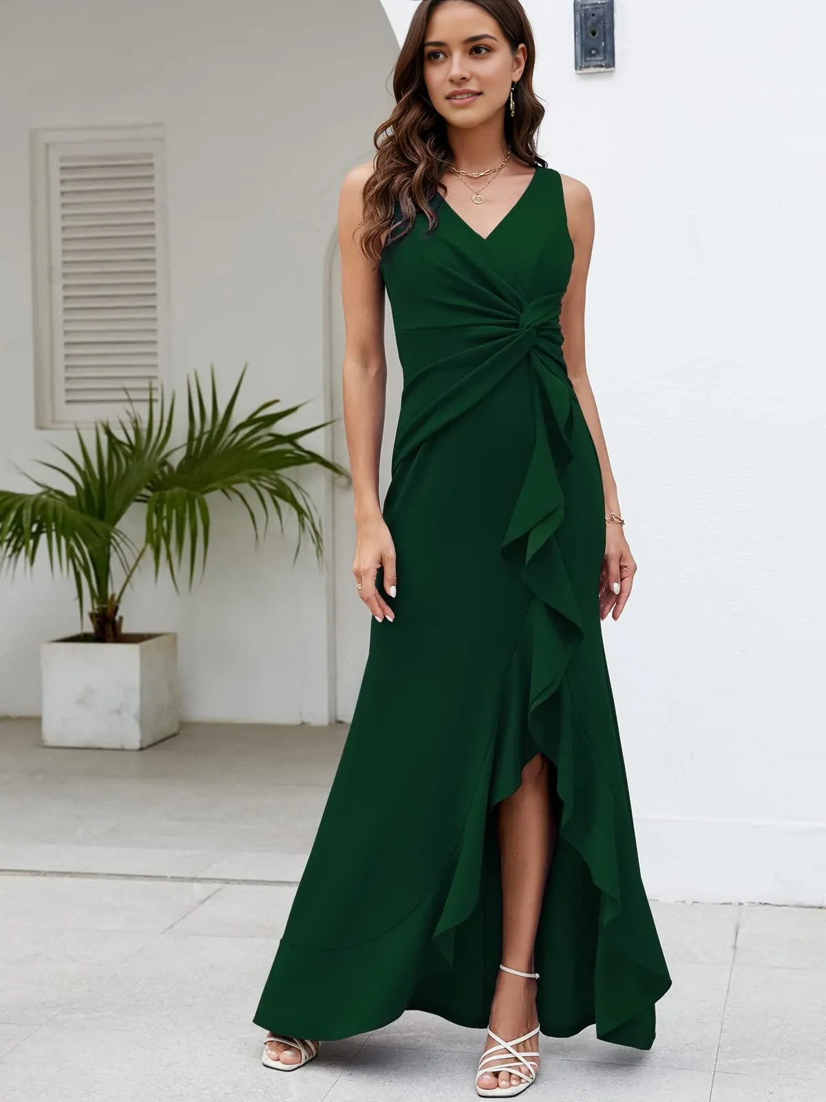 Elegant Mermaid V-Neck Sleeveless Ruffle Detail Maxi Evening Dress