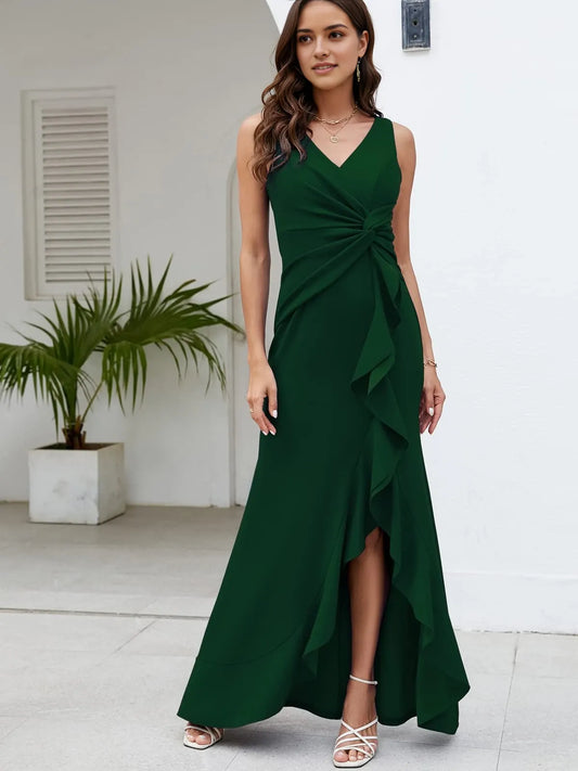Elegant Mermaid V-Neck Sleeveless Ruffle Detail Maxi Evening Dress