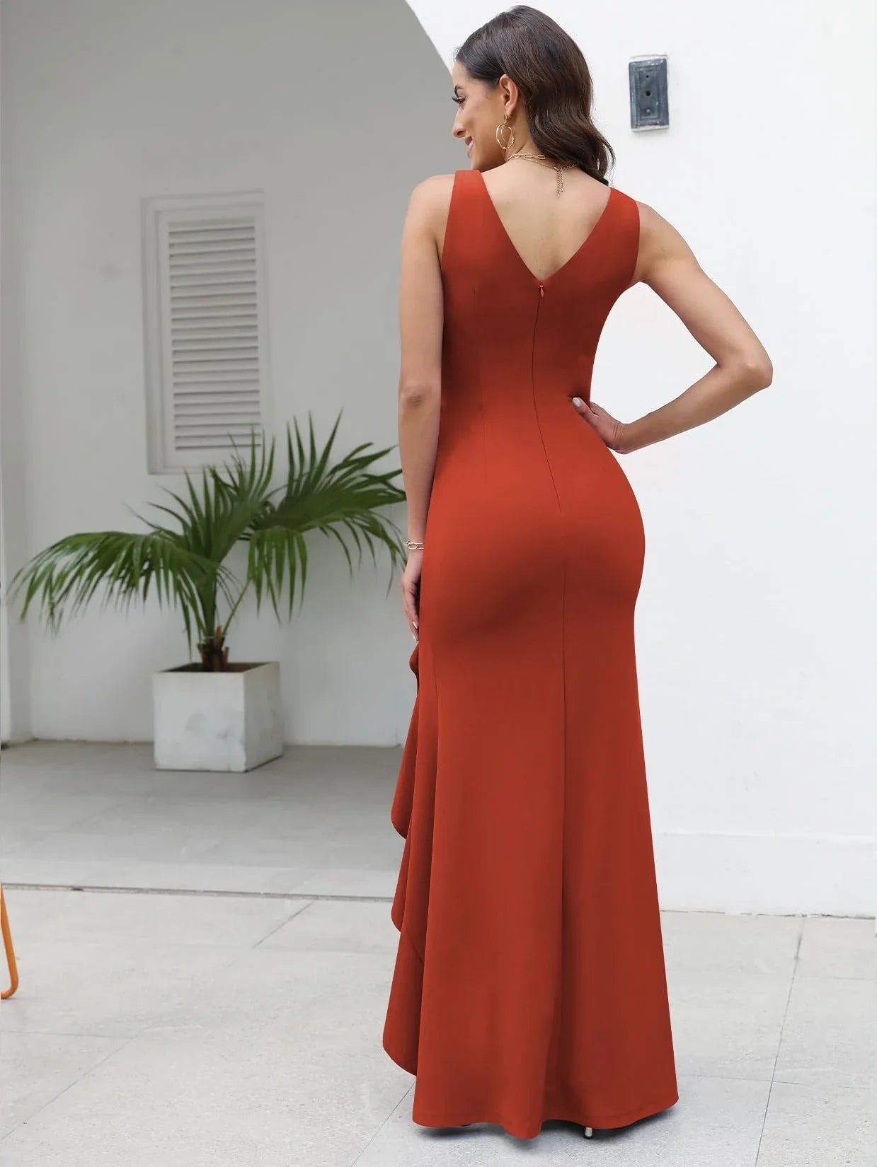 Elegant Mermaid V-Neck Sleeveless Ruffled High-Slit Maxi Evening Dress