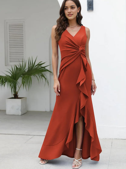 Elegant Mermaid V-Neck Sleeveless Ruffled High-Slit Maxi Evening Dress