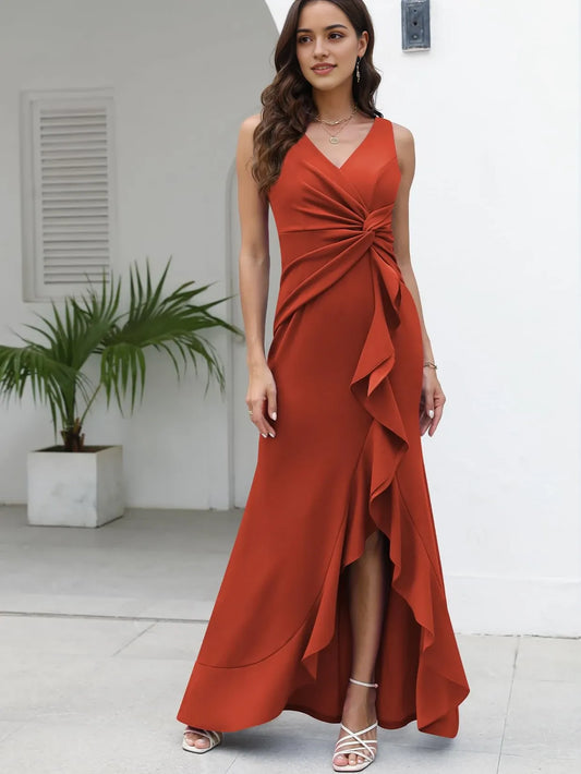 Elegant Mermaid V-Neck Sleeveless Ruffled High-Slit Maxi Evening Dress