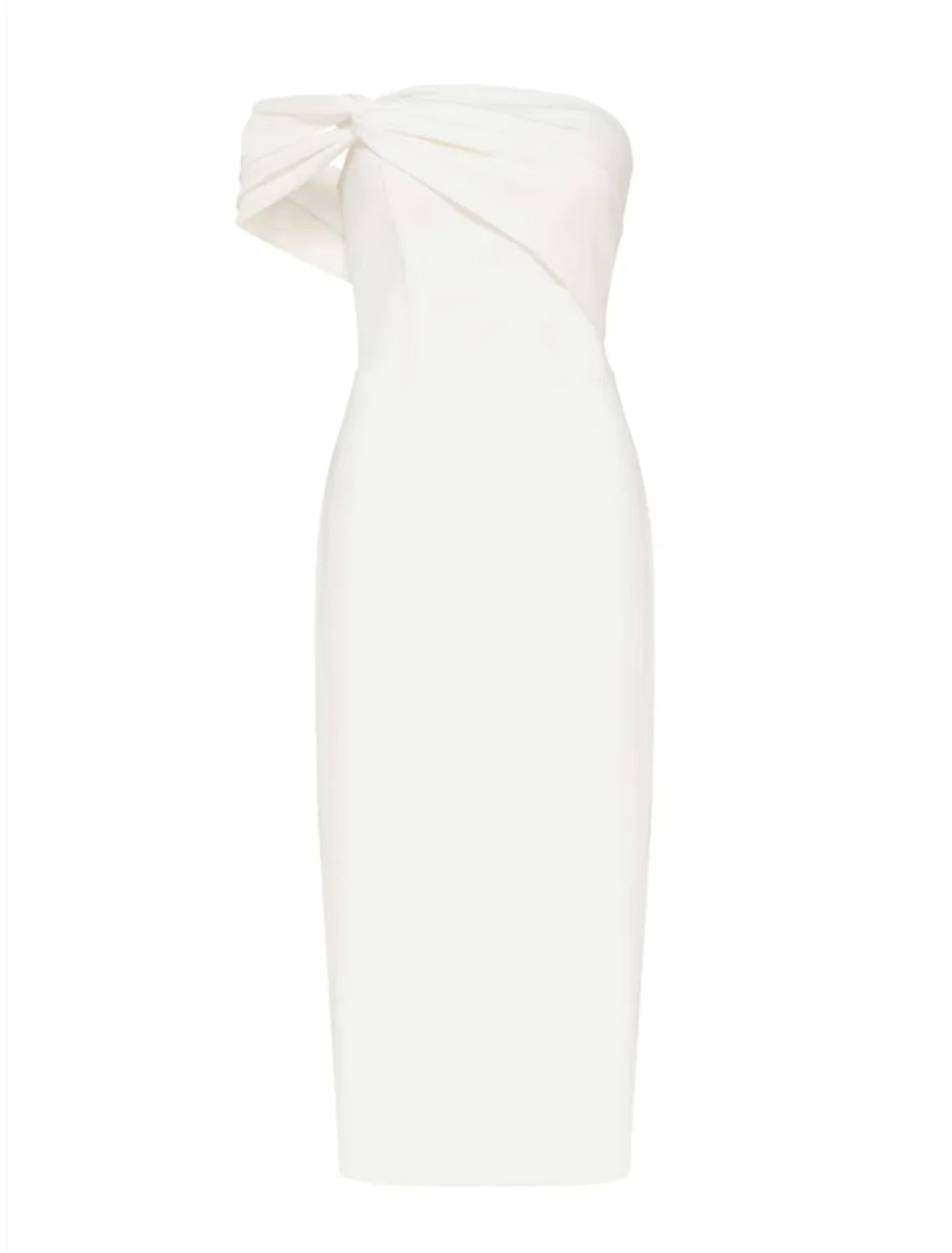 Back view of a woman wearing a sleek one-shoulder graduation dress.