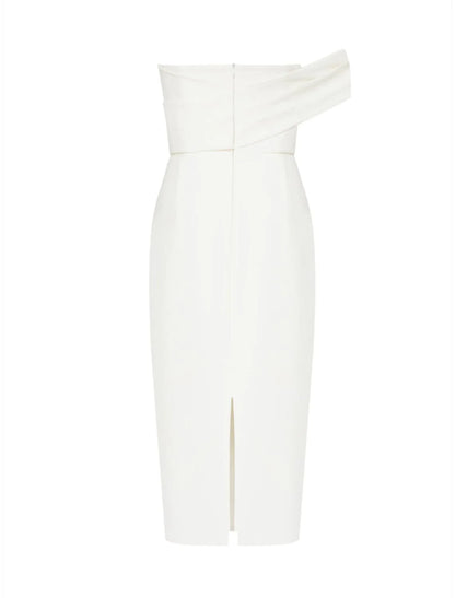 Close-up of the one-shoulder neckline and fitted bodice of the elegant dress.