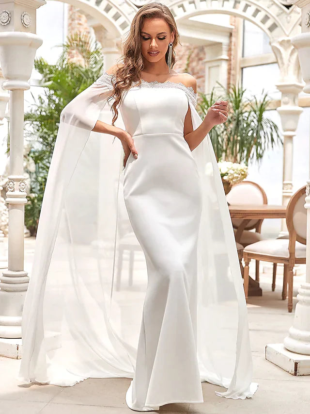 Elegant off-shoulder A-line wedding dress with delicate lace and flowing chiffon satin.