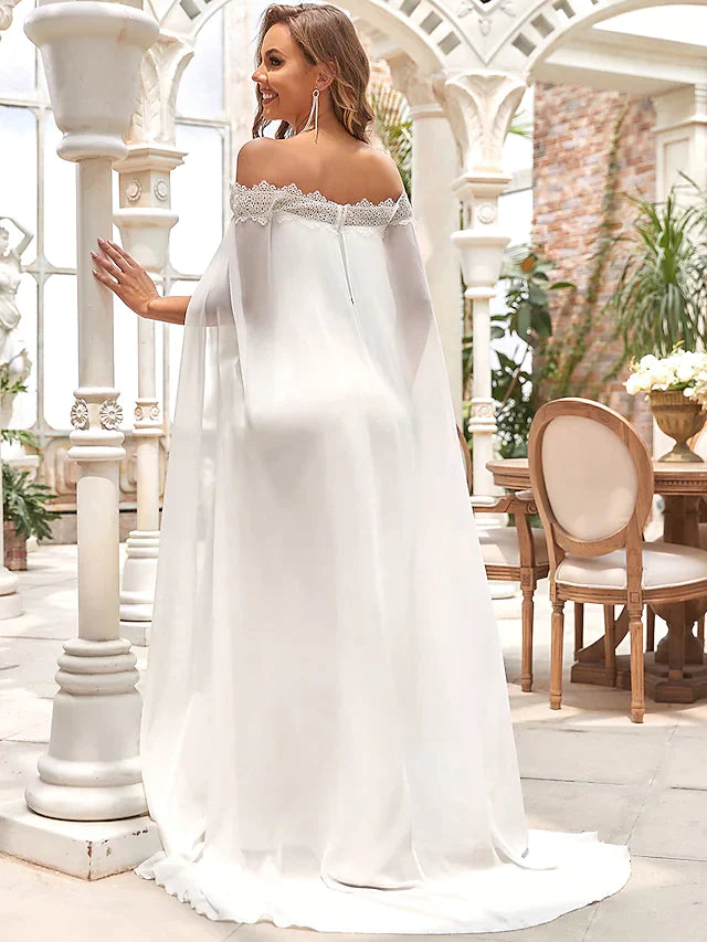Side view of an A-line wedding dress, highlighting the flowing skirt and train.