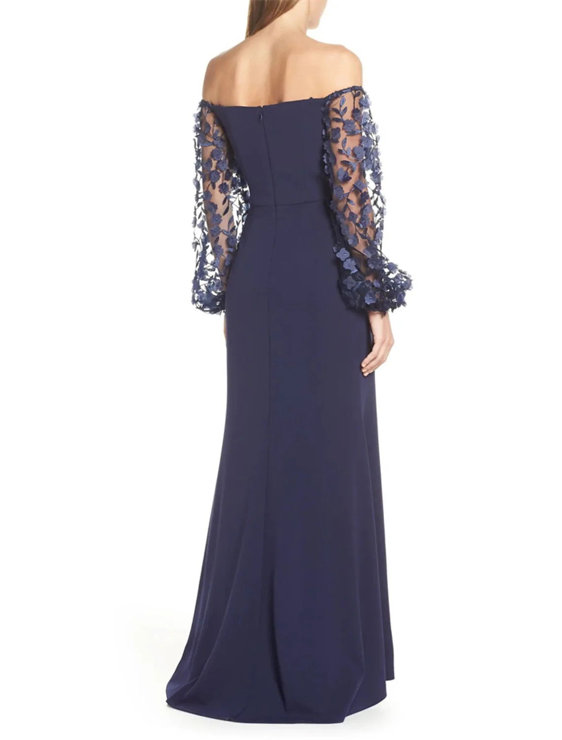 Side view of the mermaid trumpet evening gown, highlighting the sweep train.