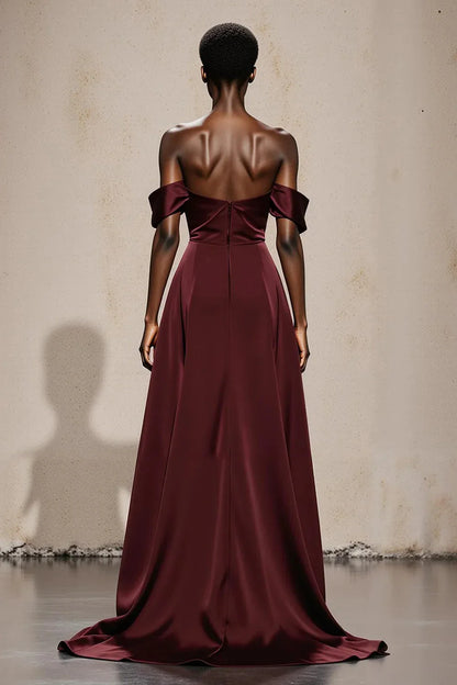 Elegant Off-Shoulder Satin Draped Back Zip Maxi Evening Dress with Train