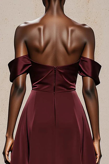Elegant Off-Shoulder Satin Draped Back Zip Maxi Evening Dress with Train