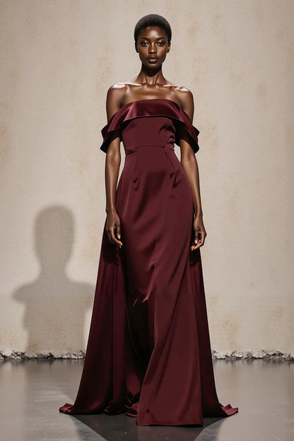 Elegant Off-Shoulder Satin Draped Back Zip Maxi Evening Dress with Train