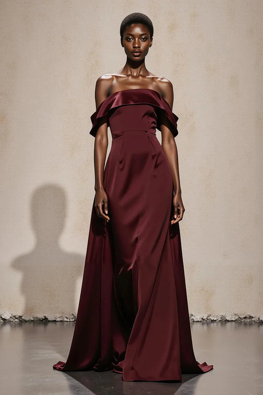 Elegant Off-Shoulder Satin Draped Back Zip Maxi Evening Dress with Train