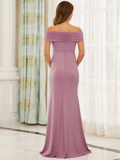 Side view of the off-shoulder satin gown, highlighting the short sleeves.
