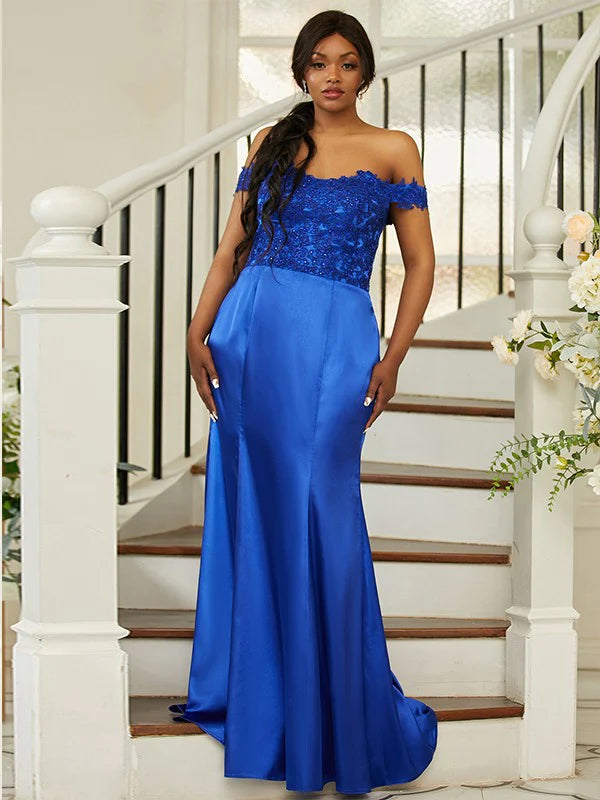 Back view of the blue silk-like satin bridesmaid dress with delicate applique.