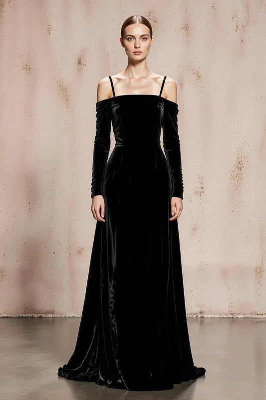 Elegant Off-Shoulder Velvet Maxi Evening Dress with Crisscross Back & Train