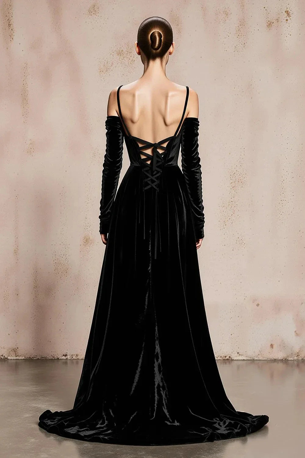 Elegant Off-Shoulder Velvet Maxi Evening Dress with Crisscross Back & Train