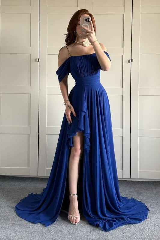 Elegant Off-the-Shoulder Cold Shoulder Ruffle High Slit Chiffon A-Line Maxi Dress with Train