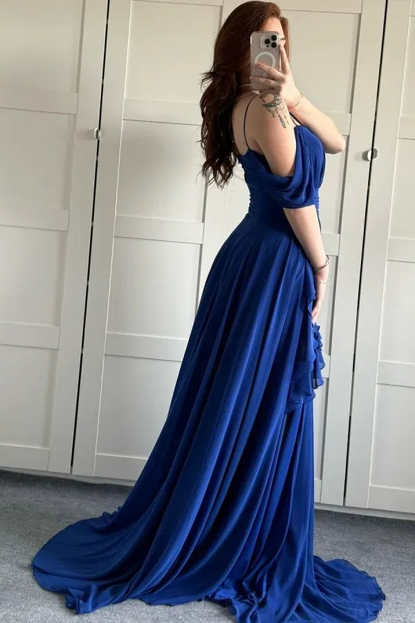Elegant Off-the-Shoulder Cold Shoulder Ruffle High Slit Chiffon A-Line Maxi Dress with Train