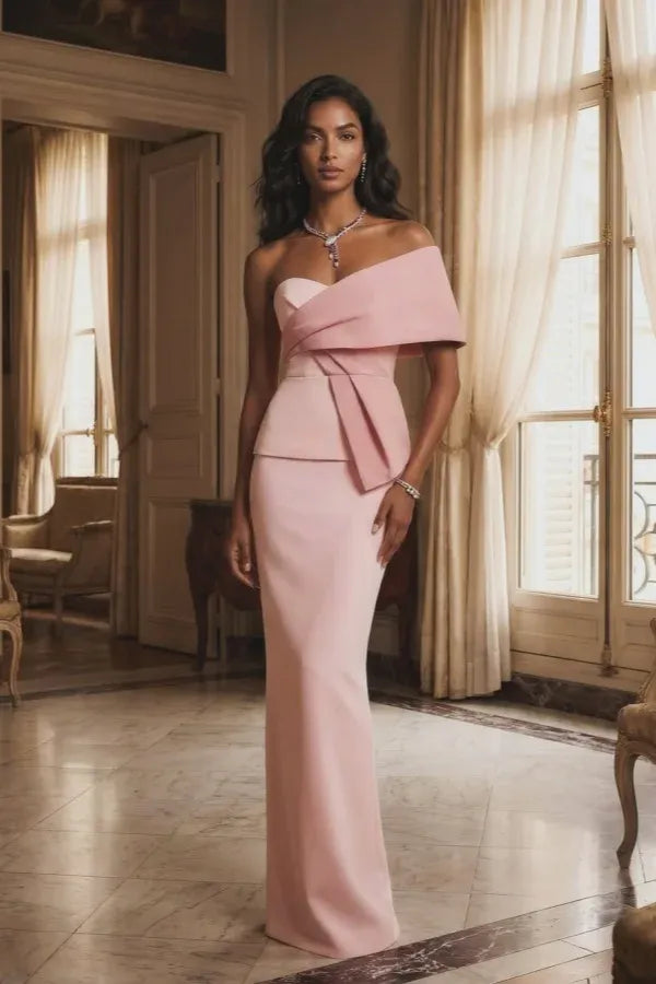 Elegant Off-the-Shoulder Draped Peplum Mermaid Maxi Dress with Back Slit