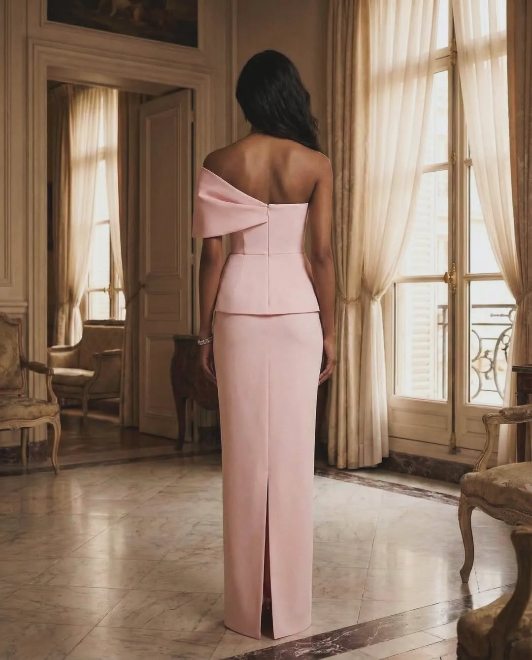Elegant Off-the-Shoulder Draped Peplum Mermaid Maxi Dress with Back Slit
