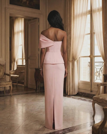 Elegant Off-the-Shoulder Draped Peplum Mermaid Maxi Dress with Back Slit