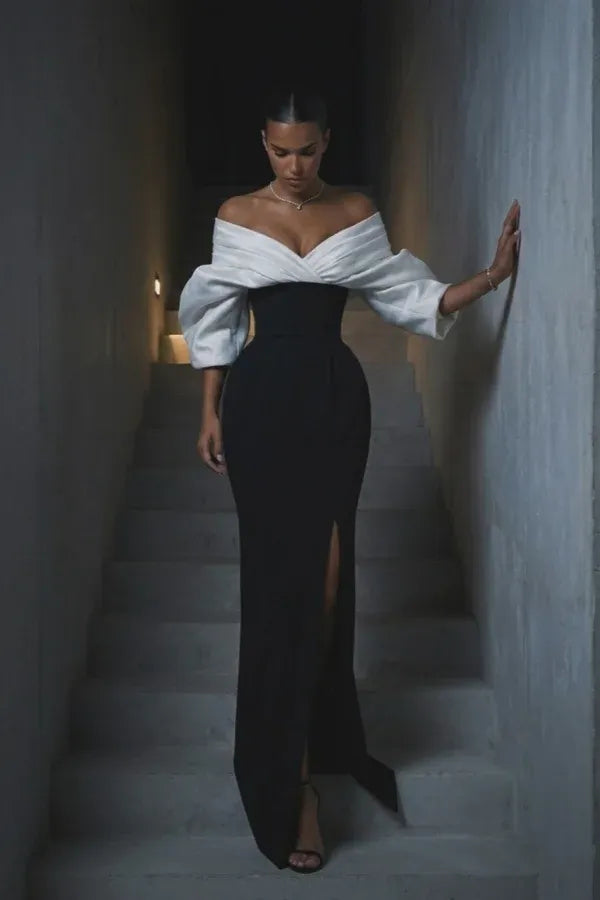 Elegant Off-the-Shoulder Puff Sleeve Corset Lace-Up High Slit Mermaid Maxi Dress