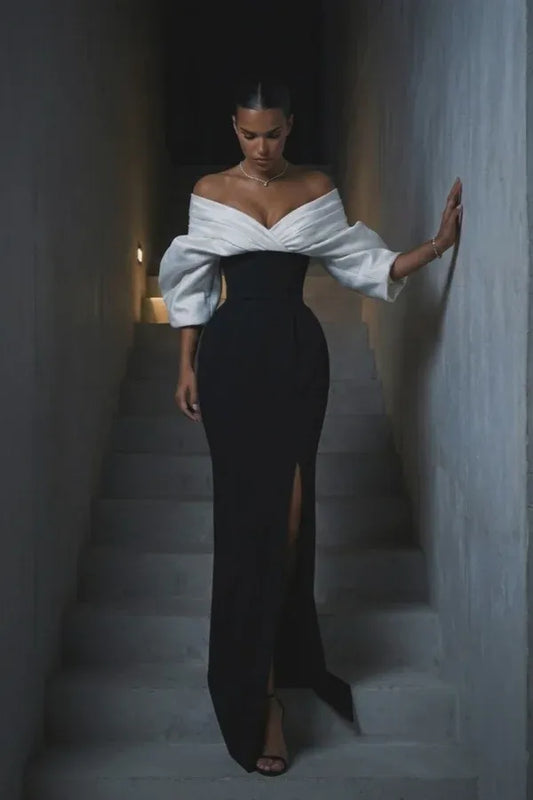 Elegant Off-the-Shoulder Puff Sleeve Corset Lace-Up High Slit Mermaid Maxi Dress
