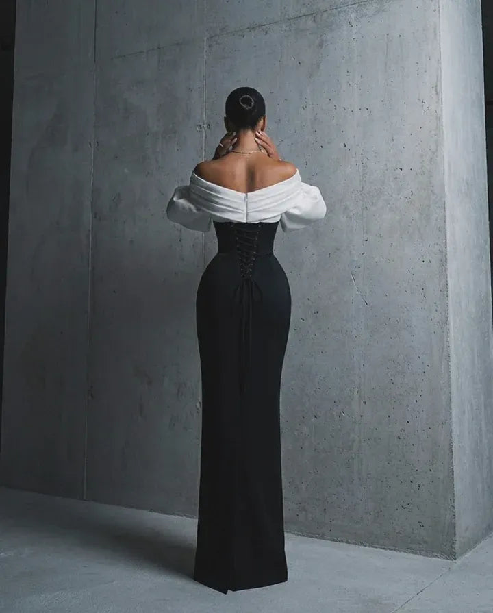 Elegant Off-the-Shoulder Puff Sleeve Corset Lace-Up High Slit Mermaid Maxi Dress