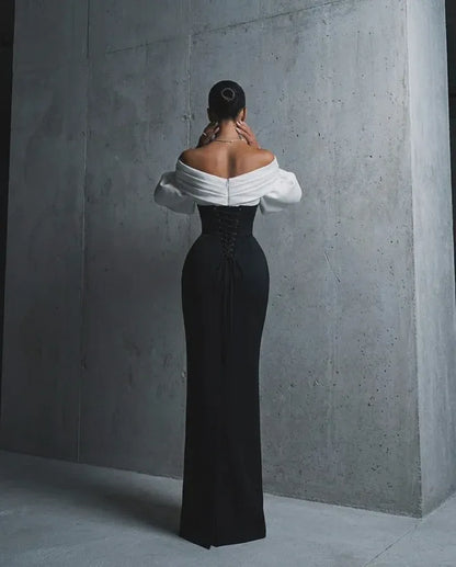 Elegant Off-the-Shoulder Puff Sleeve Corset Lace-Up High Slit Mermaid Maxi Dress